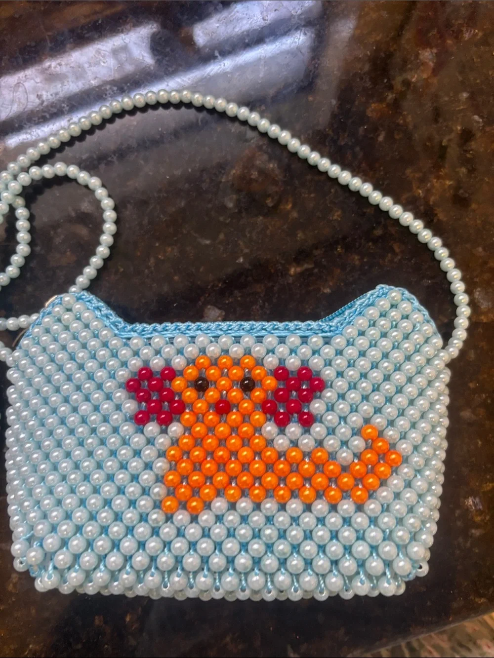 Hand Crafted Light Blue Beaded Purse with Orange & Red Dog Motif